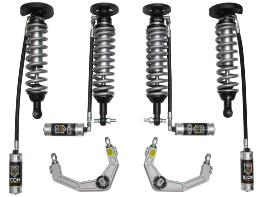 The image showcases ICON 2014+ Ford Expedition ICON 4WD .75-2.25in Stage 2 Suspension System with Billet UCA components, including two upper control arms with the Delta Joint and four coilover shock absorbers. Featuring coiled springs and attached external reservoirs, these parts with the ICON logo are designed for exceptional corrosion resistance.