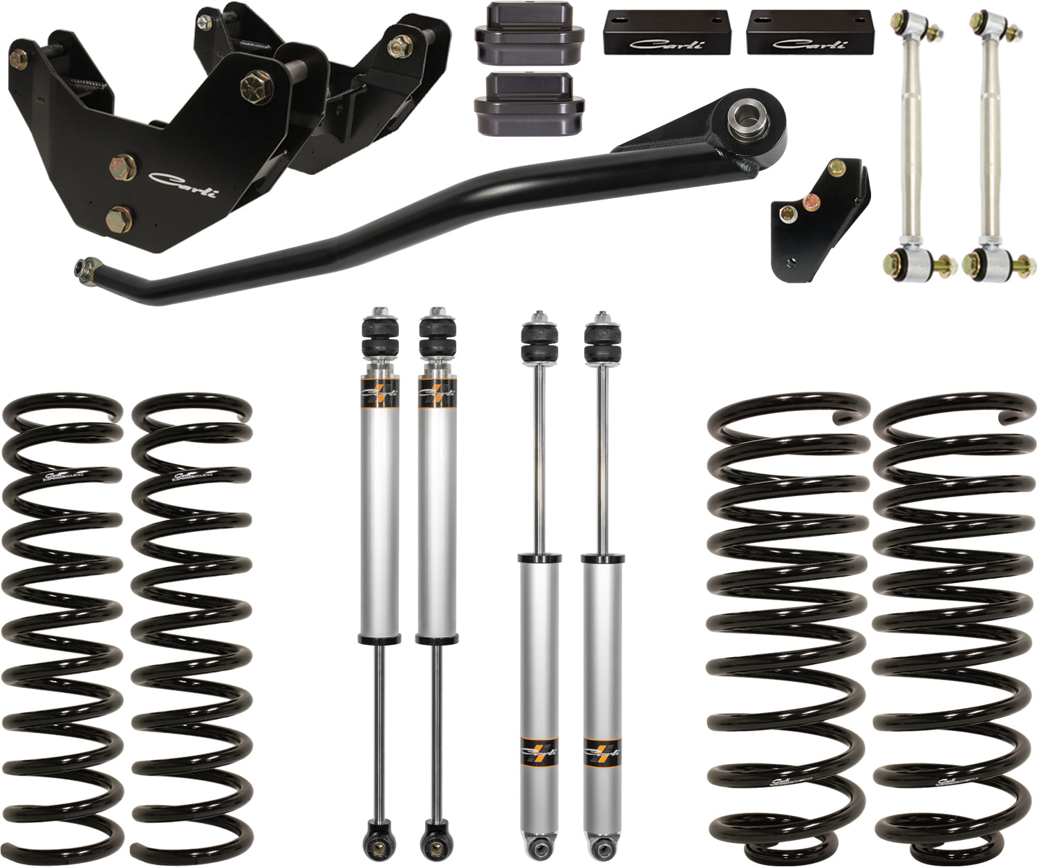 The Carli Suspension 14-23 Ram 2500 (4WD - Coil/Coil) DIESEL 3.25" Lift Commuter System includes a comprehensive set of vehicle suspension components, such as black coil springs, silver shock absorbers, control arms, sway bar links, and accompanying mounting hardware. Everything is organized neatly on a white background.