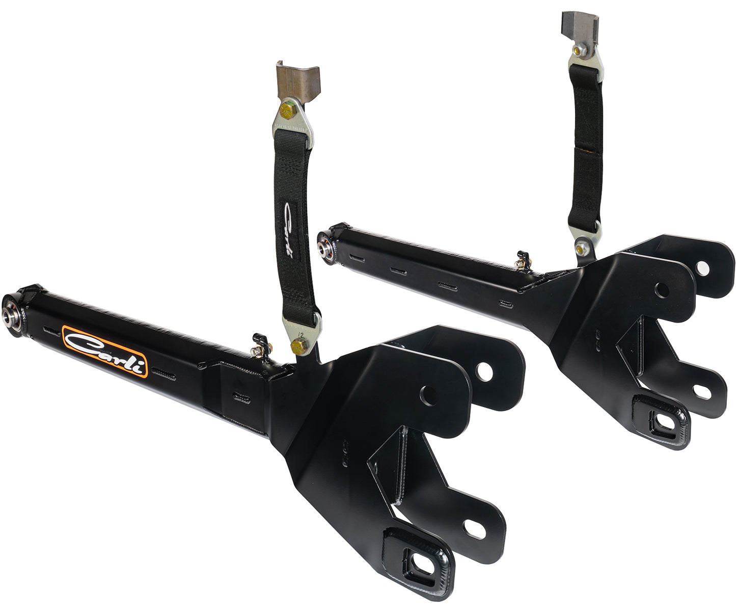 A pair of fabricated radius arms for the 05-22 Ford F-250/F-350, designed for a 4.5"/5.5" lift, featuring mounting brackets emblazoned with the Carli Suspension logo in orange. Engineered for vehicle applications with multiple attachment points and polished surfaces, these components integrate seamlessly to enhance performance.