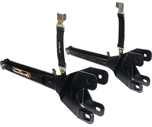 A pair of suspension components from Carli Suspension, specifically designed for 4WD Ford F-250/F-350 trucks (model years 2005-2022) with a 2.5"/3.5" lift, featuring a robust construction adorned with branded logos and fabricated radius arms, complete with mounting points and attached straps for vehicle use.