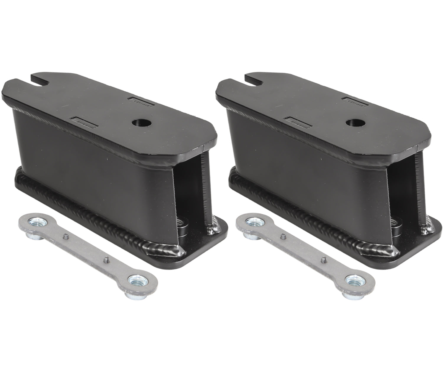 Displayed against a white background are two black metal sway bar drop brackets from Carli Suspension, designed for 17-23 Ford F-250/F-350 (4WD) models. Each bracket comes with a small metal rod and screws on either end, compatible with 2.5"/3.5" lift kits.