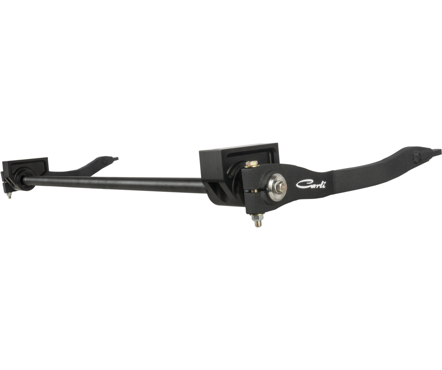 A Carli Suspension torsion sway bar kit, designed for enhancing vehicle stability in 2017-2023 Ford F-250/F-350 (4WD) models with a 2.5"/3.5" lift and without end links, featuring heavy-duty black components, adjustable arms, and mounting brackets. The bar prominently displays the "CURT" logo in white on one arm.