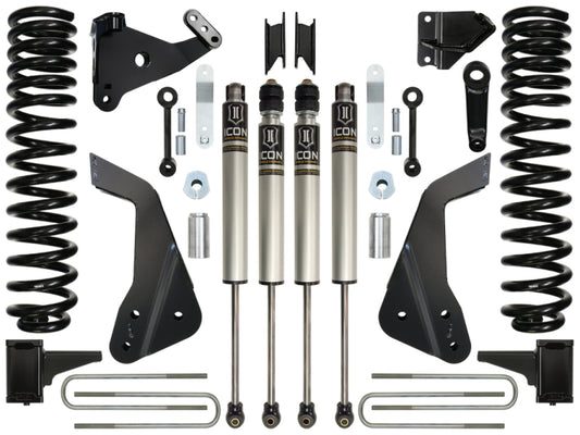 The ICON 08-10 Ford F-250/F-350 7in Stage 1 Suspension System, featuring coil springs, shock absorbers, brackets, and hardware components arranged symmetrically against a white background, enhances the performance of Ford Super Duty vehicles.