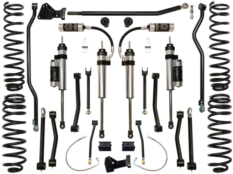 The ICON 07-18 Jeep Wrangler JK 4.5in Stage 4 Suspension System by ICON features reservoir shocks, coil springs, sway bars, and assorted mounting brackets and hardware, all symmetrically displayed against a pristine white background.