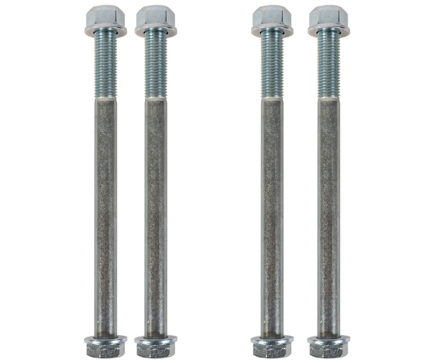 Four silver metal bolts with hexagonal heads and threads, arranged in two parallel pairs against a white background, are ideal components for upgrades on RAM 2500/3500 (4WD) models from 2020 to 2022 or for securely fitting the Carli Suspension Transmission Crossmember Hardware Kit for Radius Arm Drop Brackets.