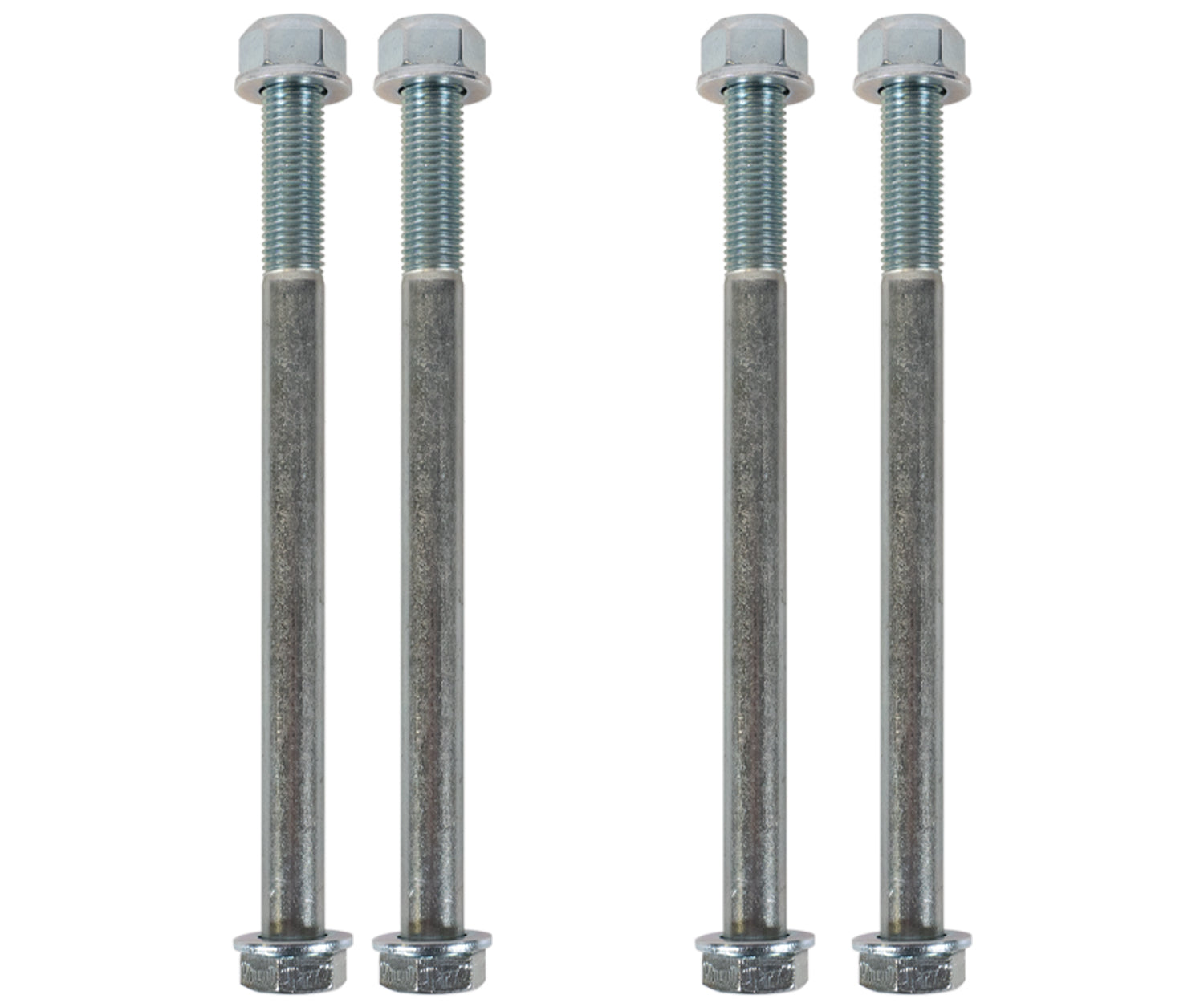 Four silver metal bolts with hexagonal heads and threads, arranged in two parallel pairs against a white background, are ideal components for upgrades on RAM 2500/3500 (4WD) models from 2020 to 2022 or for securely fitting the Carli Suspension Transmission Crossmember Hardware Kit for Radius Arm Drop Brackets.