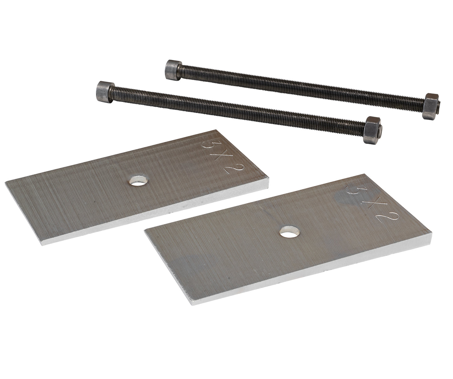 Two rectangular metal plates with holes, labeled "5 x 2," are presented alongside two long bolts with nuts, resembling components from a Carli Suspension Pinion Shim Kit for 05-23 Ford F-250/F-350 (4WD - Leaf) with a 2-degree adjustment. The items are neatly arranged on a plain white surface.