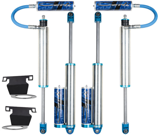 Enjoy optimal heavy-duty performance with the Carli Suspension 16-23 Ram 3500 (4WD - Coil/Air) Pintop 2.5 Shock Set, designed for vehicles with a 3.25" lift. This set features blue accents and external reservoirs, a metallic finish with durable hydraulic hoses, and includes two mounting brackets—making it an ideal choice for your Ram 3500.