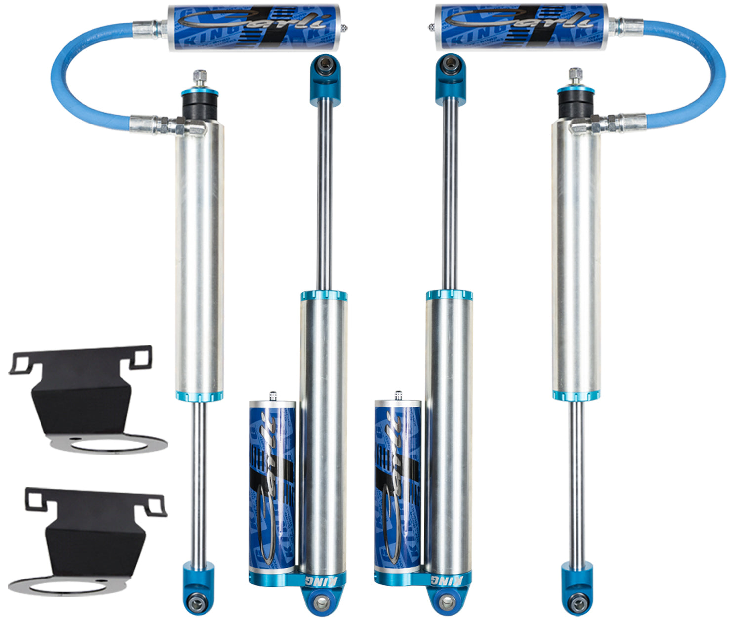 The Carli Suspension 13-23 Ram 3500 (4WD - Leaf) Pintop 2.5 Remote Res Shock Set features blue reservoirs and comes with two black mounting brackets, providing a 3.25" lift specifically designed for the Ram 3500 Diesel suspension system, as depicted against a white background.