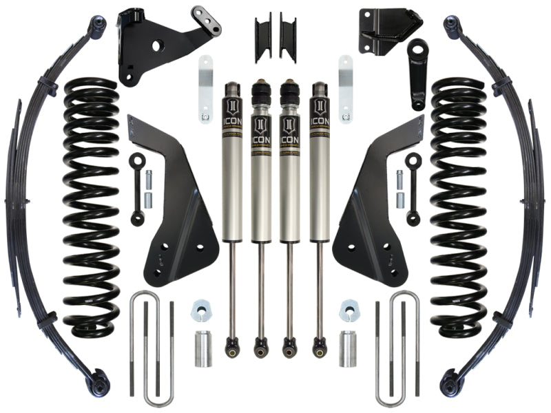 The ICON 08-10 Ford F-250/F-350 7in Stage 2 Suspension System by ICON is a set of vehicle suspension components crafted to boost the performance of Ford Super Duty trucks. The collection includes coil springs, shock absorbers, and leaf springs, all symmetrically displayed on a white background and ideal for achieving a robust 7-inch lift suspension system.