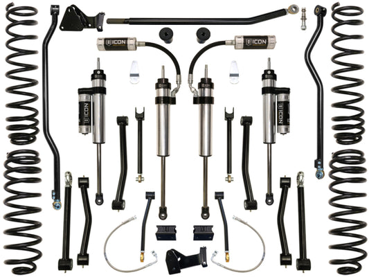 A selection of ICON off-road vehicle suspension components is laid out on a white background, including the ICON 07-18 Jeep Wrangler JK 4.5in Stage 3 Suspension System featuring reservoir shocks, springs, and control arms. Each item is clearly labeled to highlight the complete system upgrade by ICON, engineered for superior performance on rugged terrains.