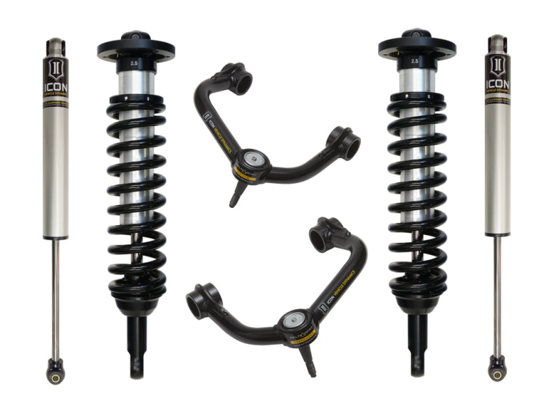 The image displays the ICON 04-08 Ford F-150 2WD 0-2.63in Stage 2 Suspension System with Tubular UCA, featuring a set of suspension components such as two corrosion-resistant shock absorbers, two coilover springs, and Delta Joint upper control arms, all arranged neatly on a white background.