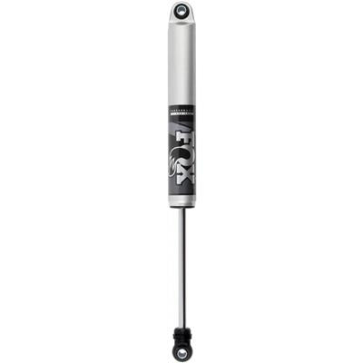 The 07-18 GM 1500 PERFORMANCE SERIES 2.0 SMOOTH BODY IFP SHOCK by FOX features an advanced damping control mechanism and a sleek cylindrical design. The silver automotive shock absorber, adorned with the black and white "FOX" branding along its main body, includes eyelet mounts at both ends for attachment.