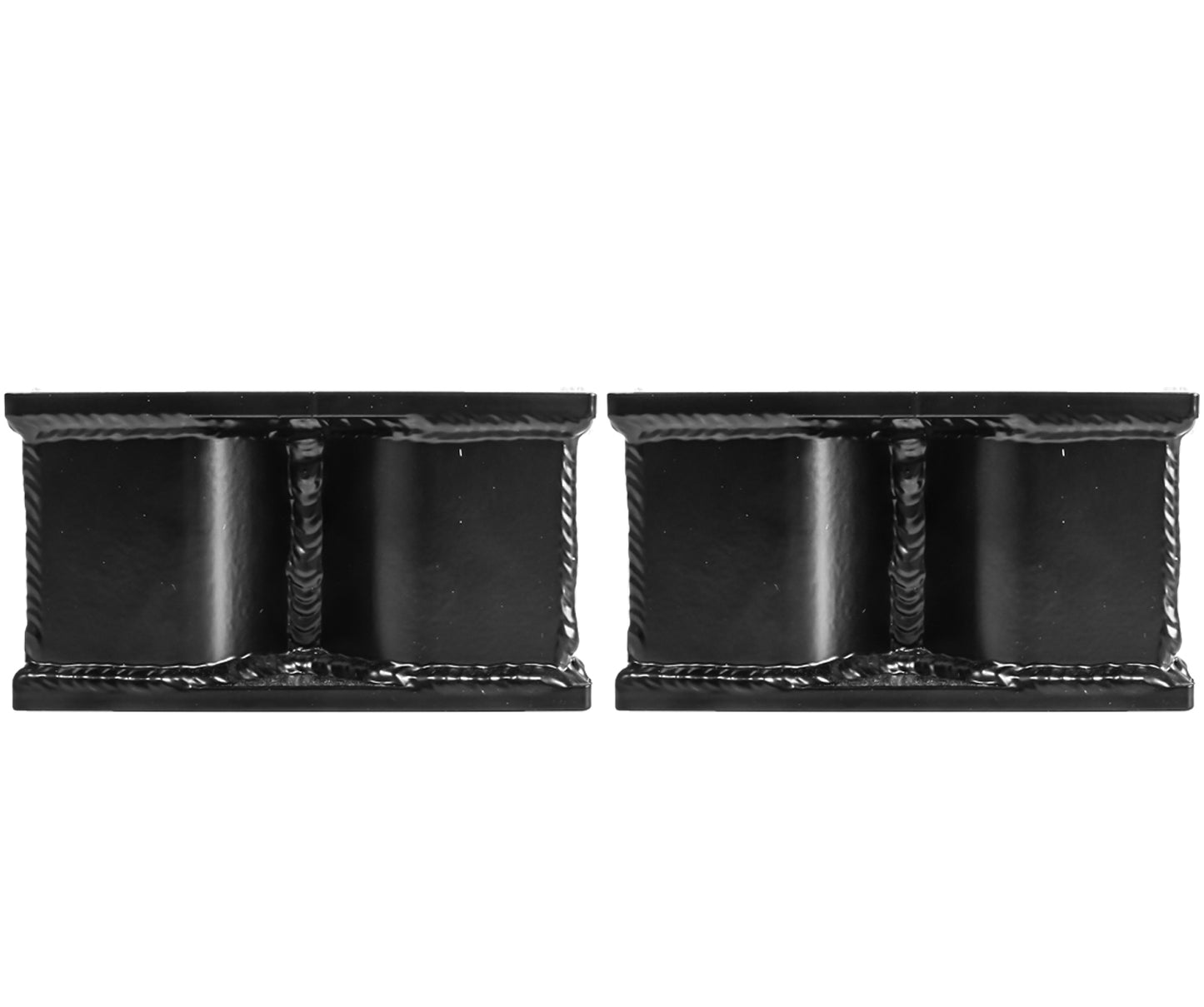 Two identical black metal brackets with a rectangular shape are displayed side by side against a white background. Each bracket includes two cylindrical supports and visible weld seams, making them perfect as Rear Bump Stop Drops for the Carli Suspension 03-13 Dodge RAM 2500/3500 (4WD) Rear Bump Drop, 4" Drop Lift Kit.