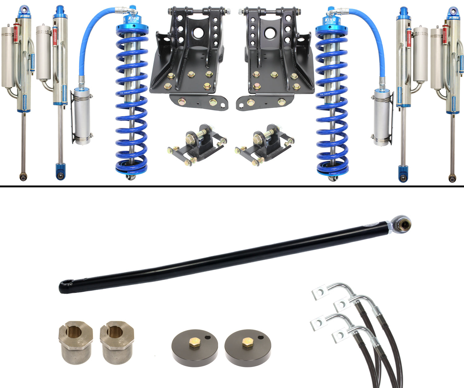 The Carli Suspension 08-10 Ford F-250/F-350 (4WD) DIESEL 2.5" LIFT COILOVER-BYPASS SYSTEM includes blue Coilover Bypass 2.5 System shocks, a black sway bar, and various mounting hardware pieces arranged on a white background, providing a robust enhancement to your vehicle's capabilities.