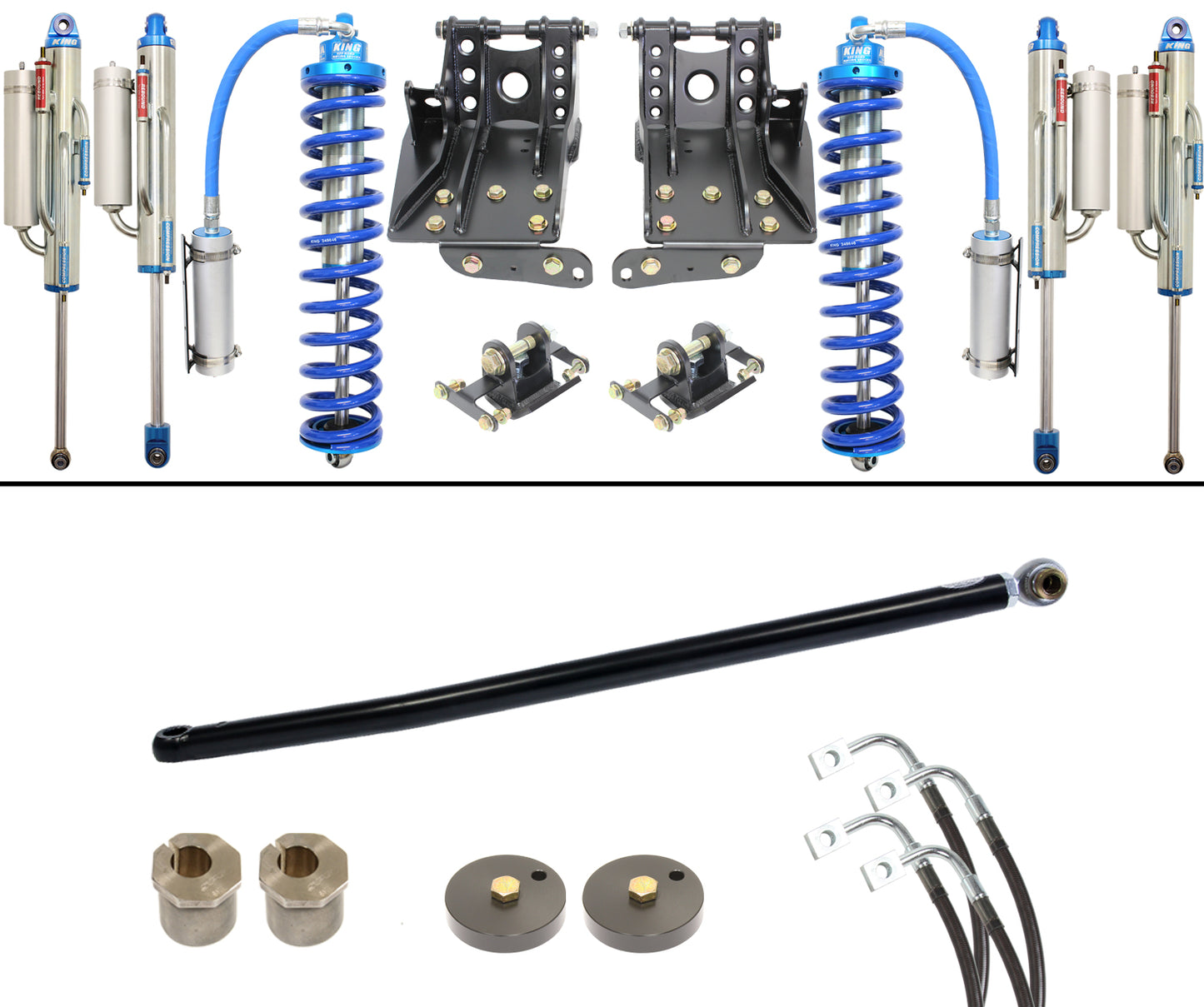 Displayed on a white background, the Carli Suspension 11-16 Ford F-250/F-350 (4WD) DIESEL 2.5" Lift Coilover-Bypass System features blue and silver shock absorbers, mounting brackets, black control arms, and essential hardware components like bushings and clamps. This system is perfect for enhancing your Ford F250/F350's performance.