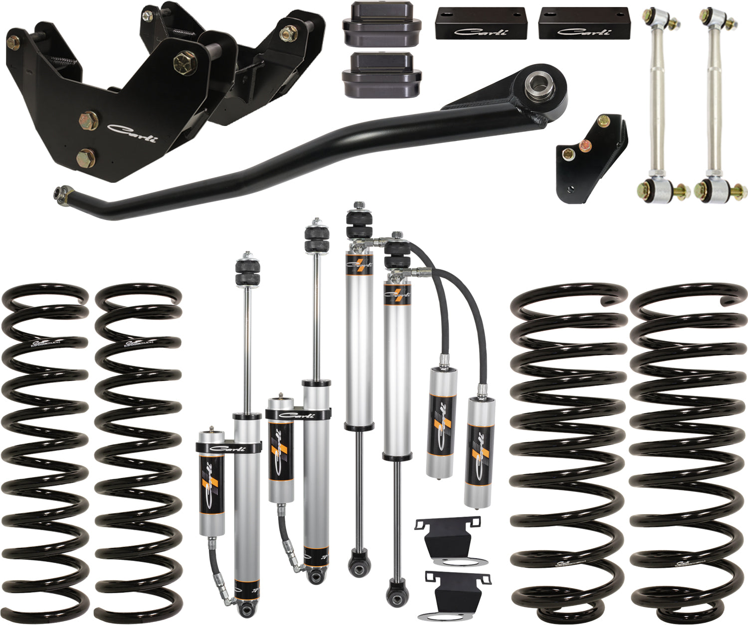 Displayed on a white background is a set of Carli Suspension products, specifically the 14-23 Ram 2500 (4WD - Coil/Coil) Diesel 3.25" Lift Backcountry System R2 Coils. The components, including coil springs, shock absorbers, sway bar, and mounting brackets, are neatly arranged to showcase various angles and details for an ideal suspension lift kit experience.