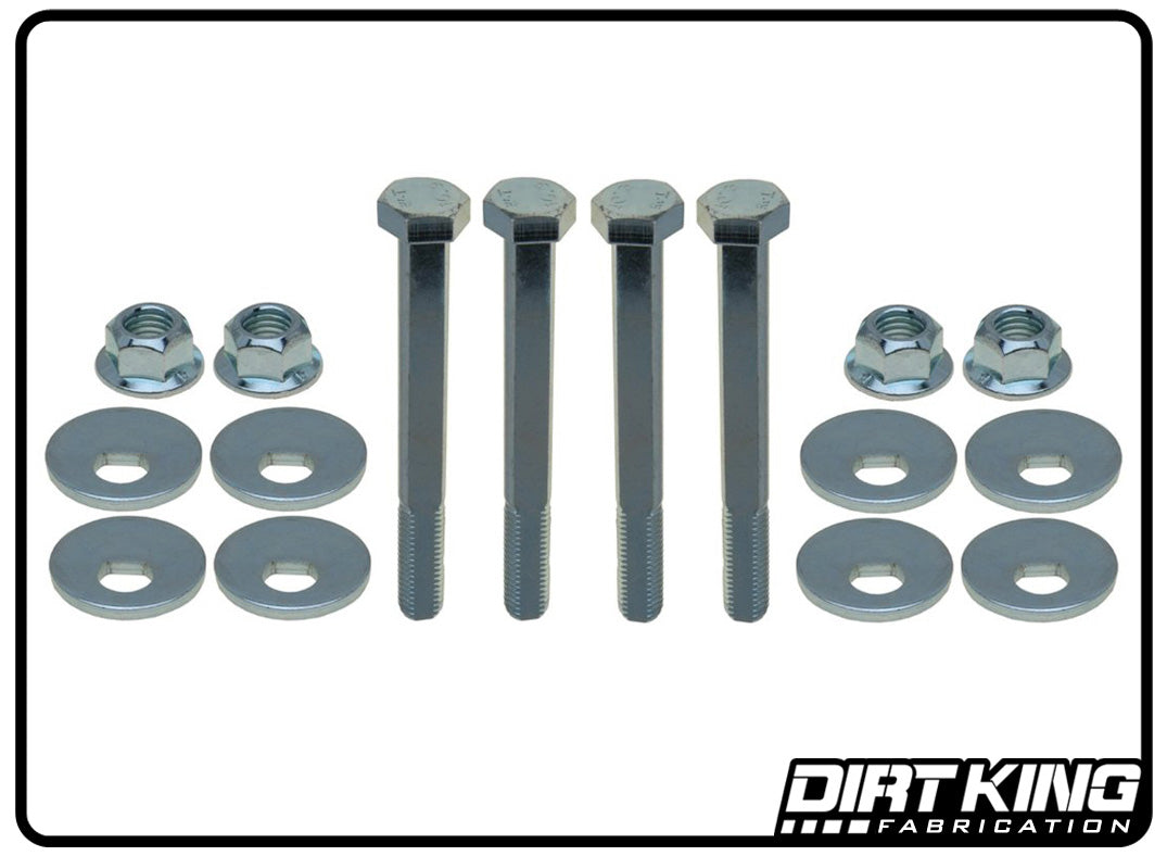 The image displays four bolts, four nuts, and eight washers symmetrically arranged on a white background. In the bottom right corner of the image, the "DIRT KING" logo is prominently featured, highlighting this premium 05-21 Nissan Frontier Alignment Cam Kit.