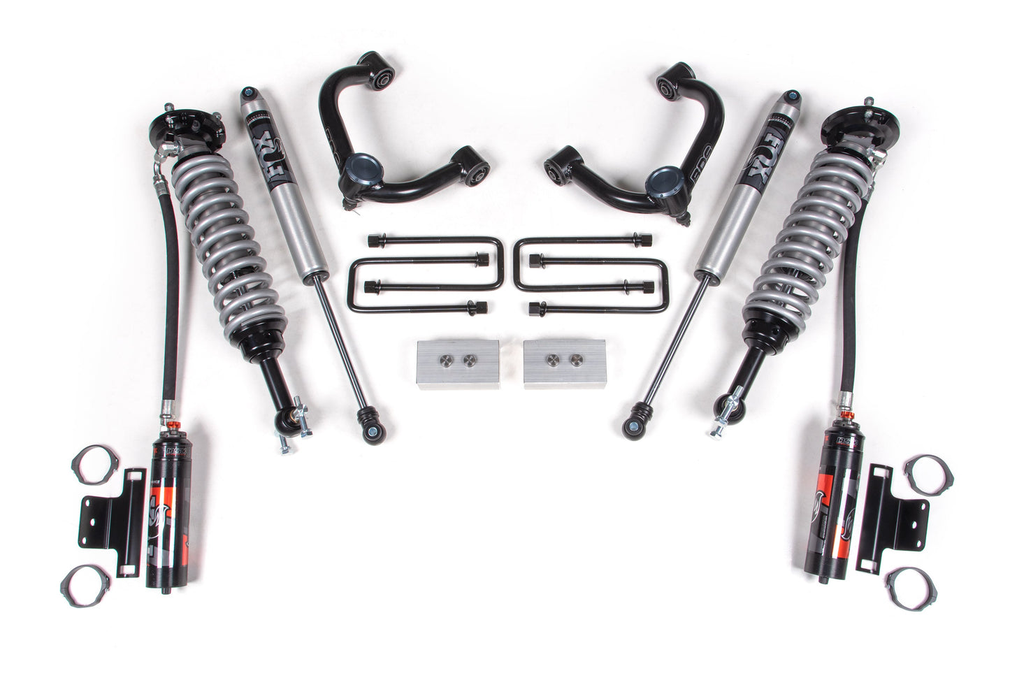 A 3 Inch Lift Kit for a Ford F150 (14-20) 4WD by BDS, featuring FOX 2.5 Performance Elite Coil-Overs, upper control arms, and mounting hardware, is symmetrically displayed on a white background. The components are new and laid out in an organized manner to showcase each part clearly.