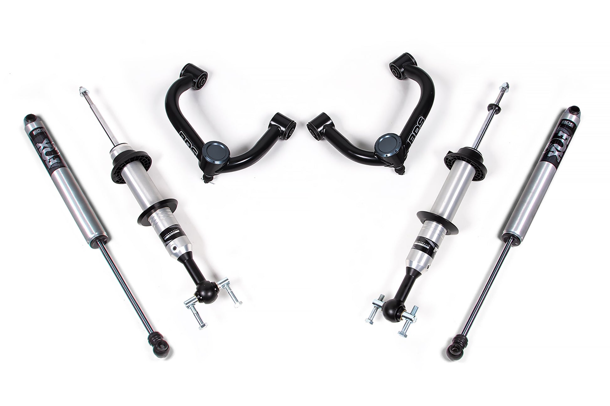 A set of vehicle suspension components, including two silver BDS FOX 2.0 Snap Ring Struts with black details, two black upper control arms, and two additional connecting parts from the 2 Inch Leveling Kit for Ford F150 (21-23) 4WD, is laid out on a white background. The parts are arranged symmetrically.