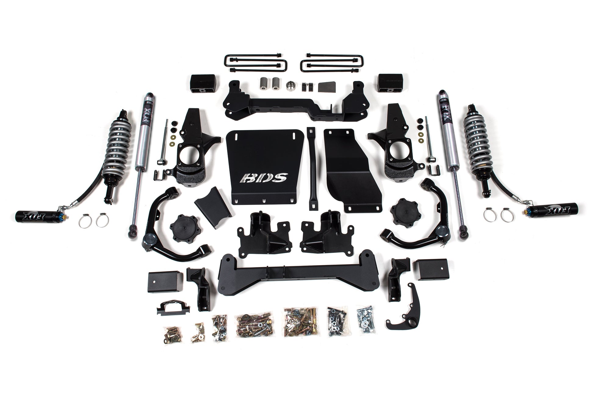 A comprehensive 4.5-inch suspension lift kit by BDS is displayed, featuring FOX 2.5 Coil-Over Conversion shocks, brackets, control arms, and various hardware components specifically designed for a Chevy Silverado or GMC Sierra 2500HD/3500HD (model years 2001-2010) diesel vehicles. The parts are arranged neatly on a white background, with the BDS branding visible on some components.