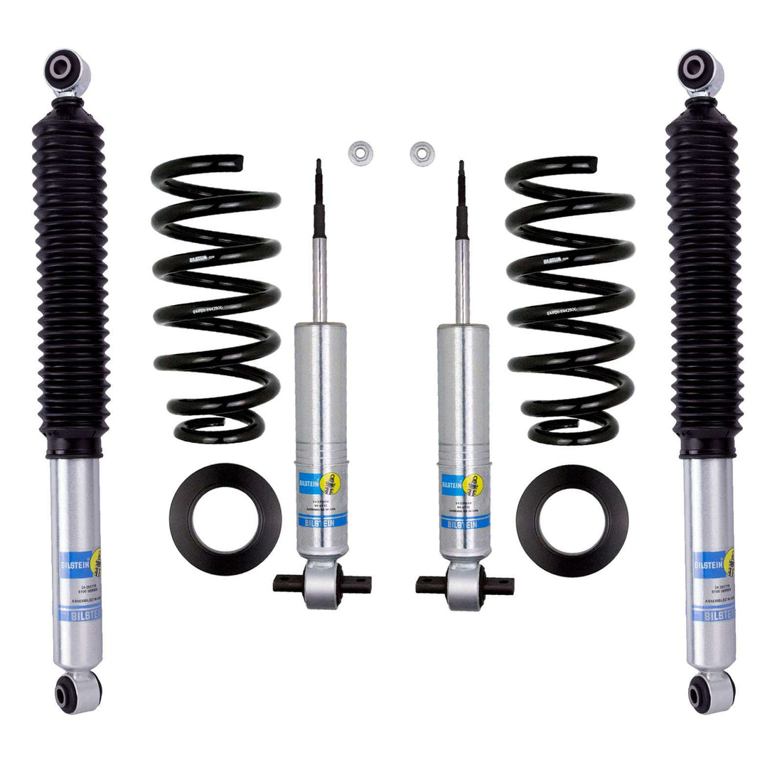 LTW Motorsports' 07-13 GM 1500 Leveling Kit includes Bilstein 6112 struts with extended length and black dust boots, two black coil springs, matching Bilstein 5100 rear shocks, a pair of small metal washers, and two black rubber spacers for optimal performance.