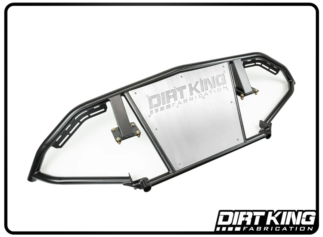 The 09-18 RAM 1500 Pre Runner Front Bumper by DIRT KING is a rugged off-road bumper with a metal skid plate featuring the DIRT KING logo. Designed specifically for the Ram 1500, this black tubular frame is CAD engineered for durability and includes mounting brackets for easy installation. The DIRT KING logo is also visible in the corner.