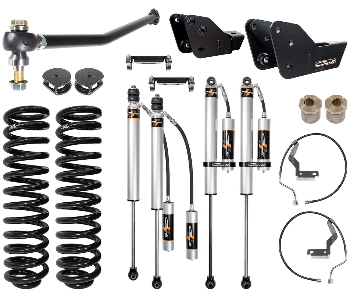 Introducing the Carli Suspension 23-24 Ford F-250/F-350 (4WD) Diesel 3.5" Lift Backcountry System, complete with components such as springs, shock absorbers, mounting brackets, and cables on a white background.