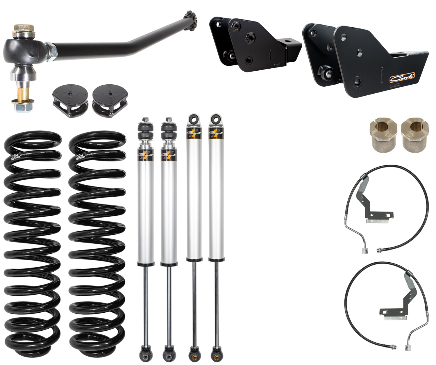 Explore the Carli Suspension 23-24 Ford F-250/F-350 (4WD) Diesel 3.5" Lift Commuter System, specifically crafted for the Ford F250/F350. It features sleek black coil springs and silver shock absorbers, along with essential brackets and components, all showcased against a pristine white background.