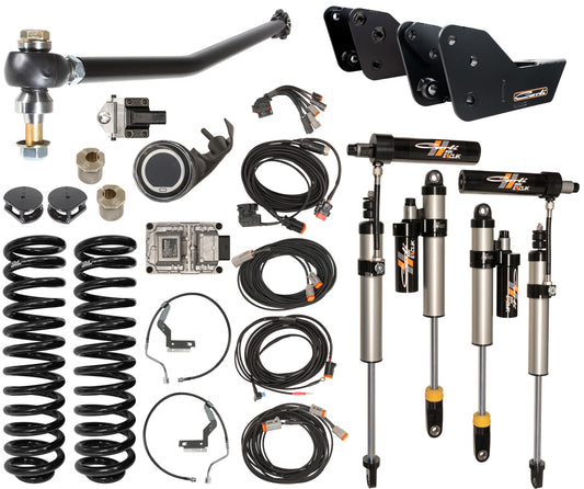 Explore the 23-24 Ford F-250/F-350 (4WD) Diesel 3.5" Lift E-Venture System by Carli Suspension, an ideal collection of off-road suspension parts for your Ford F250/350. This set includes springs, shocks, control arms, cables, and connectors, all showcased on a clean white background.