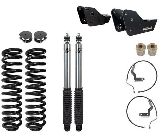 A 17-22 Ford F-250/F-350 (4WD) diesel 2.5"/3.5" lift leveling system by Carli Suspension, which includes black coil springs, Signature Series shocks, brackets, and hardware components, is arranged neatly on a white background.