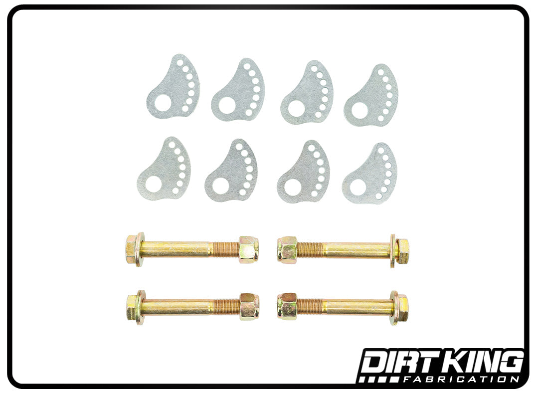 An assortment of metal brackets and bolts arranged on a white background includes six perforated brackets with a distinct curved shape and multiple holes, alongside two longer bolts, each paired with nuts and washers. Suitable for Chevy Silverado GMC Sierra alignment cams, the DIRT KING logo is at the bottom right. The product displayed is the "11-24 GM 2500/3500 Upper Arm Alignment Cams."
