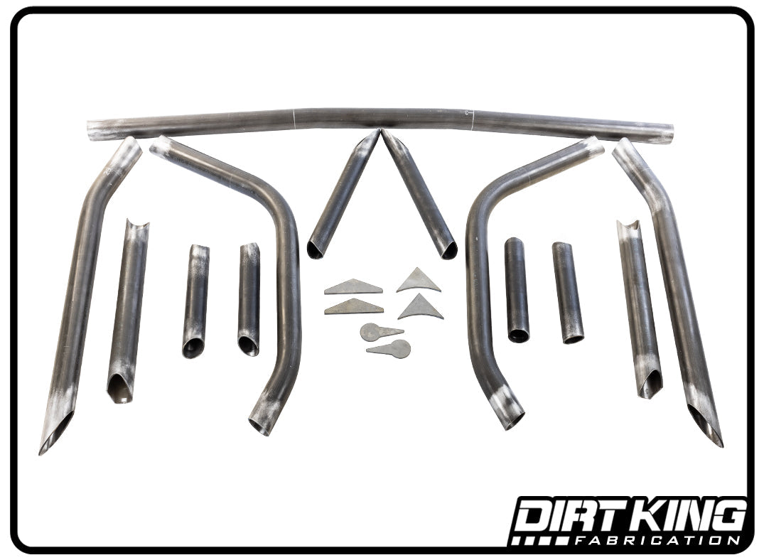 A variety of metal tubing and parts is displayed on a white background, showcasing both curved and straight sections, triangular components, and small brackets. The "DIRT KING" logo is positioned in the bottom right corner. This 99-06 GM 1500 Engine Cage Kit from DIRT KING enhances your vehicle build perfectly.