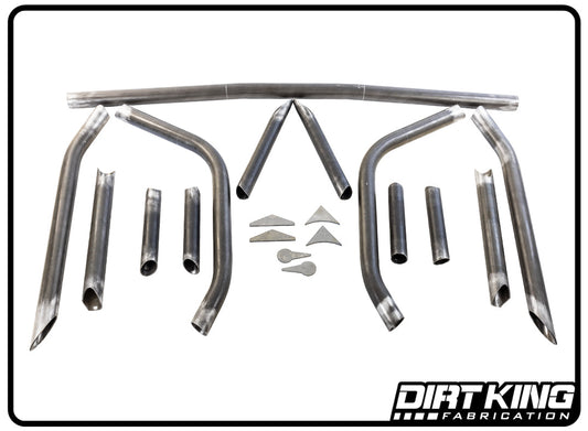 A variety of metal tubing and parts is displayed on a white background, showcasing both curved and straight sections, triangular components, and small brackets. The "DIRT KING" logo is positioned in the bottom right corner. This 99-06 GM 1500 Engine Cage Kit from DIRT KING enhances your vehicle build perfectly.