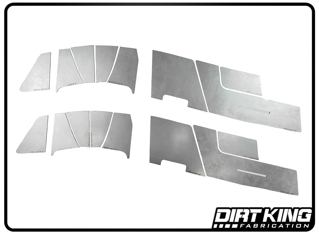 A set of stainless steel panels with various shapes and sizes, arranged neatly. The panels, part of the 07-18 GM 1500 Front Frame Plate Kit, are displayed against a white background with a "DIRT KING" logo in the bottom right corner.