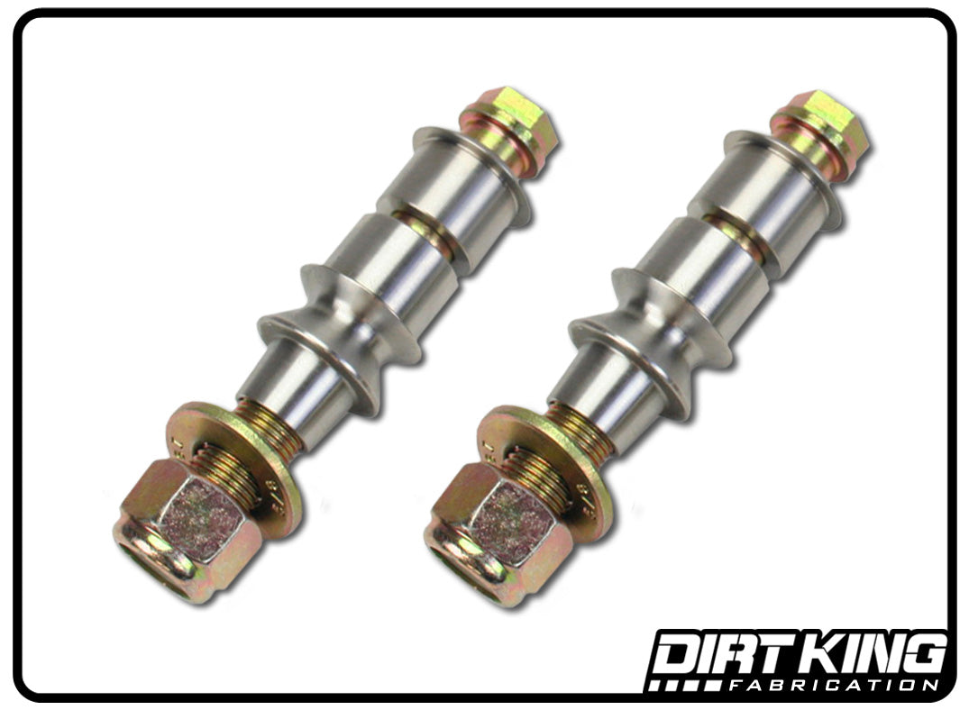 Two silver metallic bolts with gold-colored nuts, each accompanied by a washer, are arranged diagonally on a white background. The "DIRT KING" logo is displayed in the lower right corner. Crafted from 17-4 stainless steel, these components are part of the 09-18 RAM 1500 Upper Arm Spacer Kit. The image features a black border.