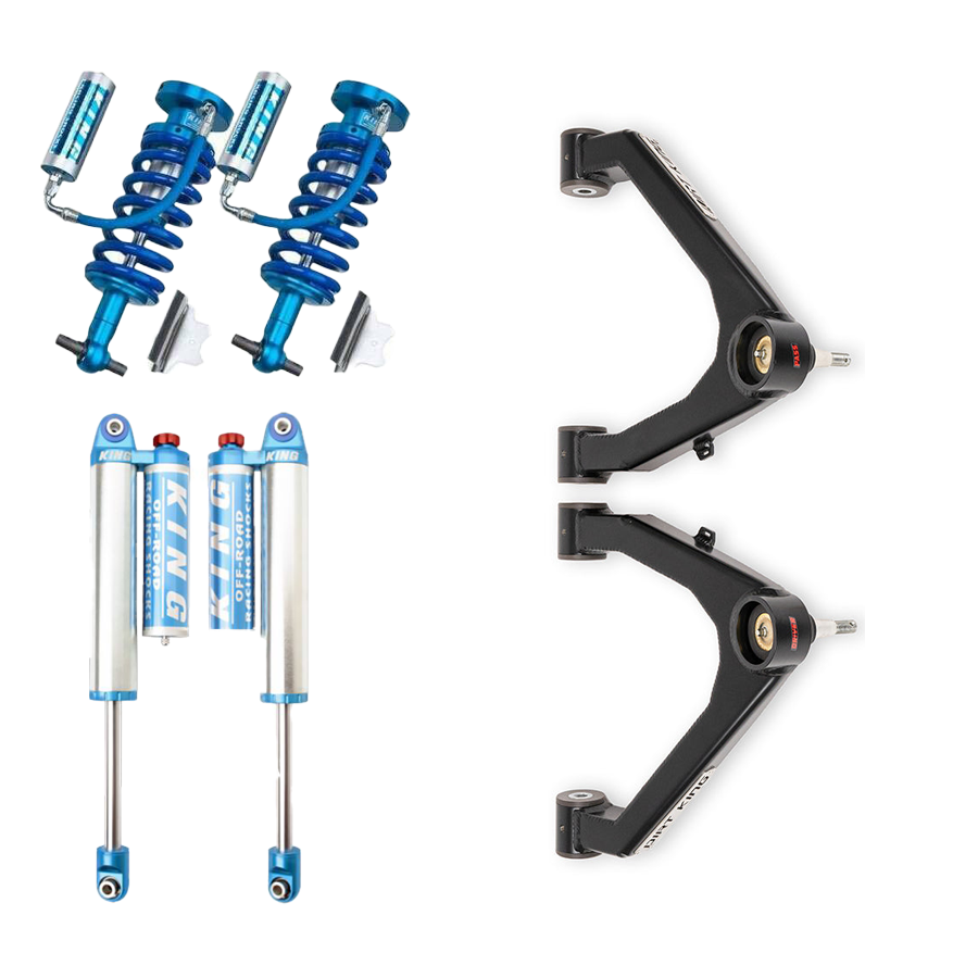 Photograph showcasing the LTW Motorsports 07-18 GM 1500 Dirt King Stage 2 Mid Travel Kit, highlighting the adjustable King shocks with reservoirs in blue, along with two extended blue shock absorbers and Dirt King boxed control arms, all meticulously displayed against a white backdrop.