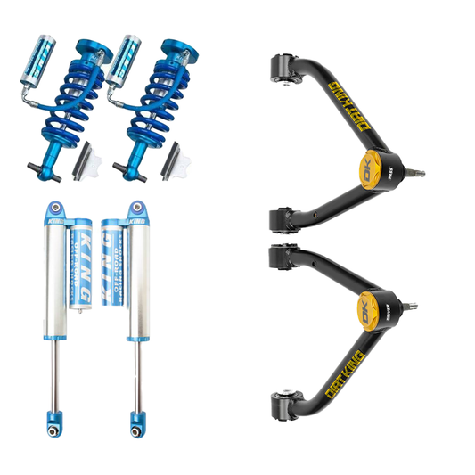 The 07-18 GM 1500 Dirt King Stage 1 Mid Travel Kit by LTW Motorsports features an array of blue King shocks and coilovers on the left, paired with stylish black Dirt King control arms labeled "Dirt King" on the right, all set against a plain white background—a perfect display for GM 1500 performance enthusiasts.