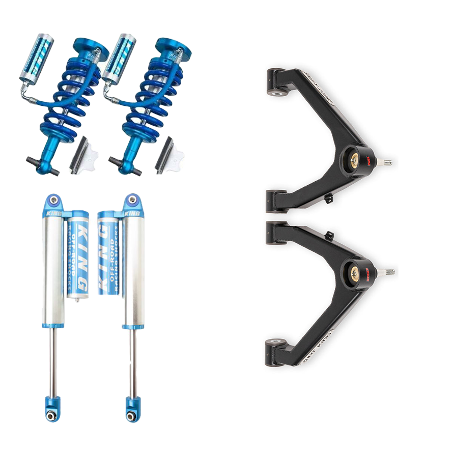 Experience the LTW Motorsports 07-18 GM 1500 Dirt King Stage 2 Mid Travel Kit with striking blue coilovers including springs, two complementary King Shocks, and a pair of black Dirt King Boxed Control Arms, all elegantly displayed against a white backdrop.