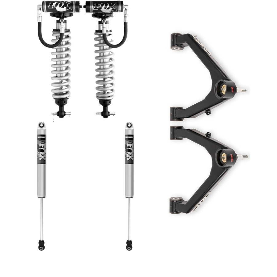 An image displaying the 07-18 GM 1500 Dirt King Stage 2 Mid Travel Kit with Fox Shocks from LTW Motorsports, showcasing two performance coilover shocks with reservoirs, two standard Fox shocks, and Dirt King control arms. The parts are branded with the FOX logo and set against a white background.