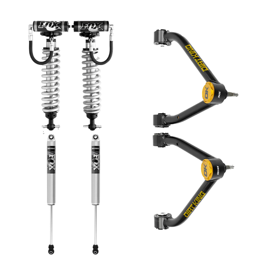 The image showcases an LTW Motorsports 07-18 GM 1500 Dirt King Stage 1 Mid Travel Kit with Fox Shocks, featuring two FOX shock absorbers with coil springs and Dirt King control arms. Each shock absorber is prominently labeled "FOX," and the control arms are distinctly marked with the "Dirt King Fabrication" label in yellow.