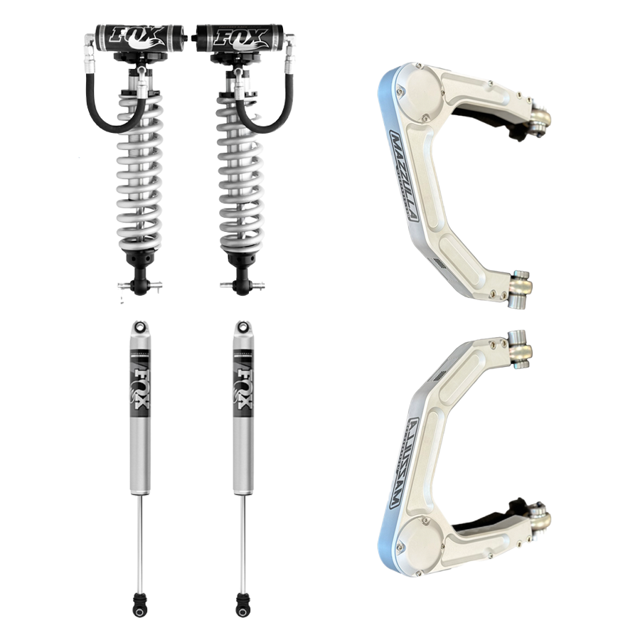 The image showcases the LTW Motorsports 07-18 GM 1500 Mazzulla Stage 3 Mid Travel Kit, highlighting Fox shocks with external reservoirs on the left and Mazzulla Billet control arms with a metallic finish on the right. These components are specifically crafted to enhance stability and handling for your off-road adventures.