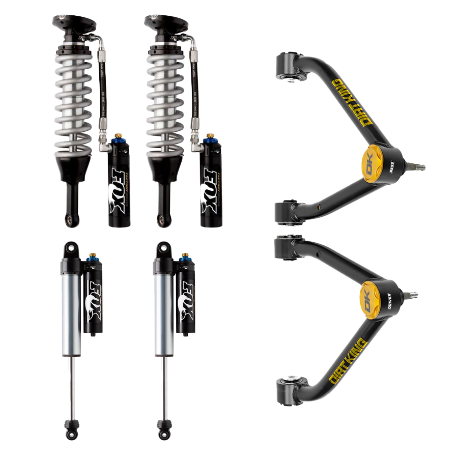 Presenting the 07-18 GM 1500 Dirt King Stage 1 Mid Travel Kit with Adjustable Fox Shocks from LTW Motorsports. This exceptional automotive suspension kit includes adjustable Fox Shocks featuring cylindrical reservoirs and sturdy Dirt King Control Arms. The premium parts are enhanced by a Deaver Mini Pack, all showcased against a crisp white background.