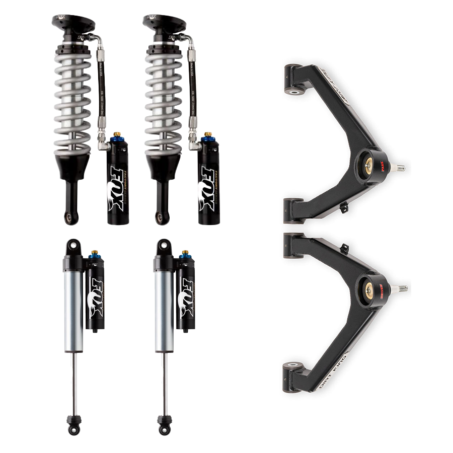 The image showcases a selection of automotive suspension components, including two adjustable Fox shocks with black springs and reservoirs, two additional shock absorbers, and a pair of Dirt King Boxed control arms with mounting points. These parts are displayed on a plain white background and are part of the 07-18 GM 1500 Dirt King Stage 2 Mid Travel Kit by LTW Motorsports, ideal for enhancing your GM 1500's performance.