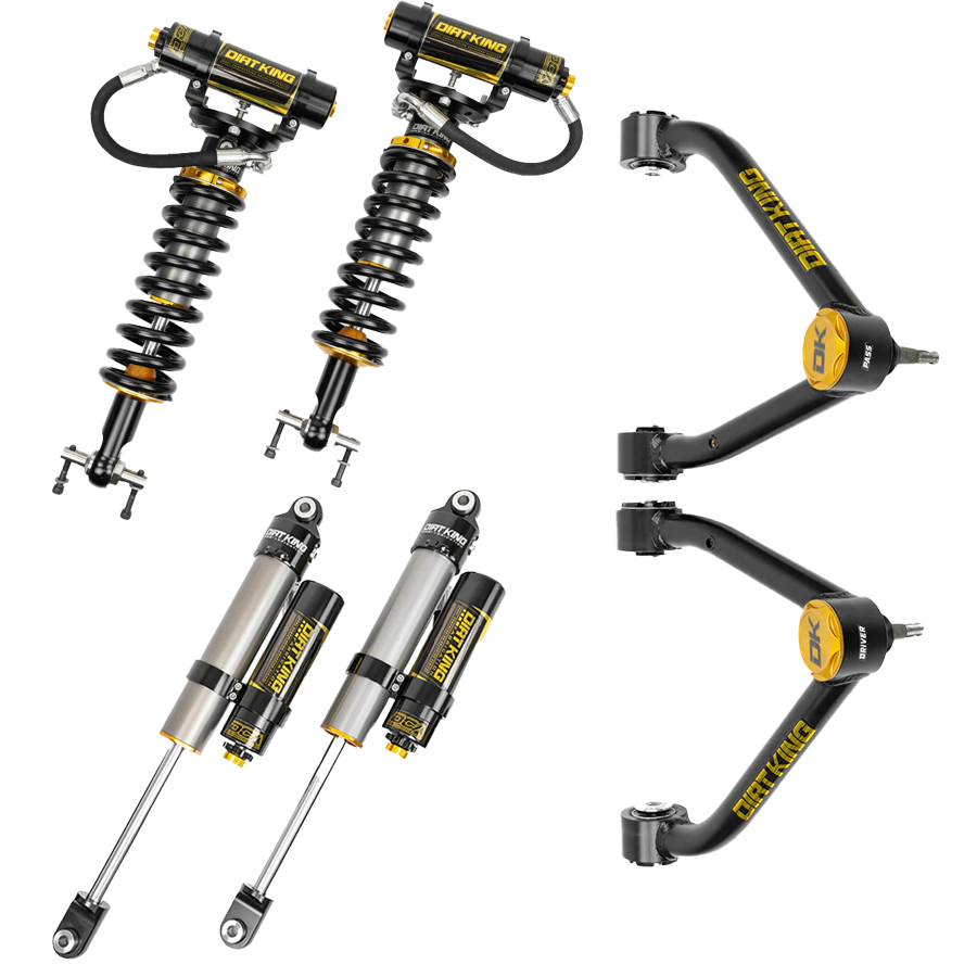 The image showcases an LTW Motorsports 07-18 GM 1500 Dirt King Stage 1 Mid Travel Kit featuring black and yellow off-road suspension components. The kit includes Dirt King control arms specifically designed for GM 1500 trucks and comes equipped with Dirt King 2.5 DCA coilover shocks and secondary bypass shocks for high-performance vehicle suspension.