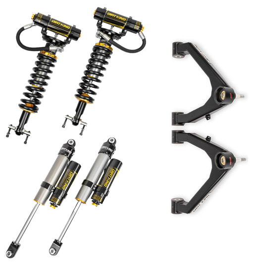 The 07-18 GM 1500 Dirt King Stage 2 Mid Travel Kit by LTW Motorsports includes off-road suspension components such as the Dirt King 2.5 DCA Shocks and boxed control arms. Each part features a sleek black and metallic finish with visible branding, making it perfect for vehicle modification or enhancement.