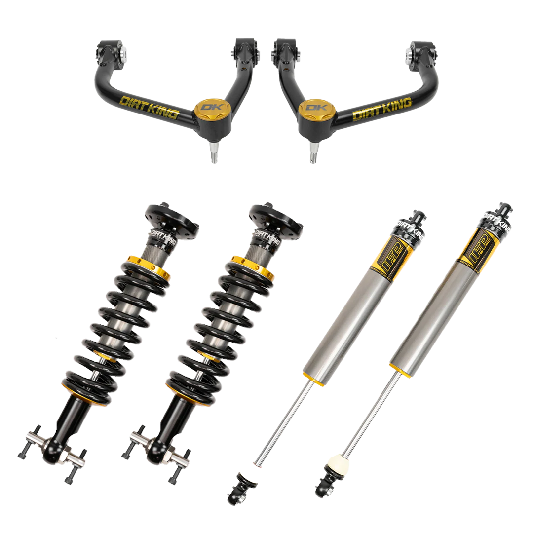 The image features LTW Motorsports' 19-23 GM 1500 Dirt King Stage 1 Mid Travel Kit with Dirt King 2.0 IFP Shocks, which includes two upper control arms, two coilover shocks, and two additional shock absorbers. These performance components are elegantly designed with a sleek metallic finish highlighted by striking black and yellow accents.