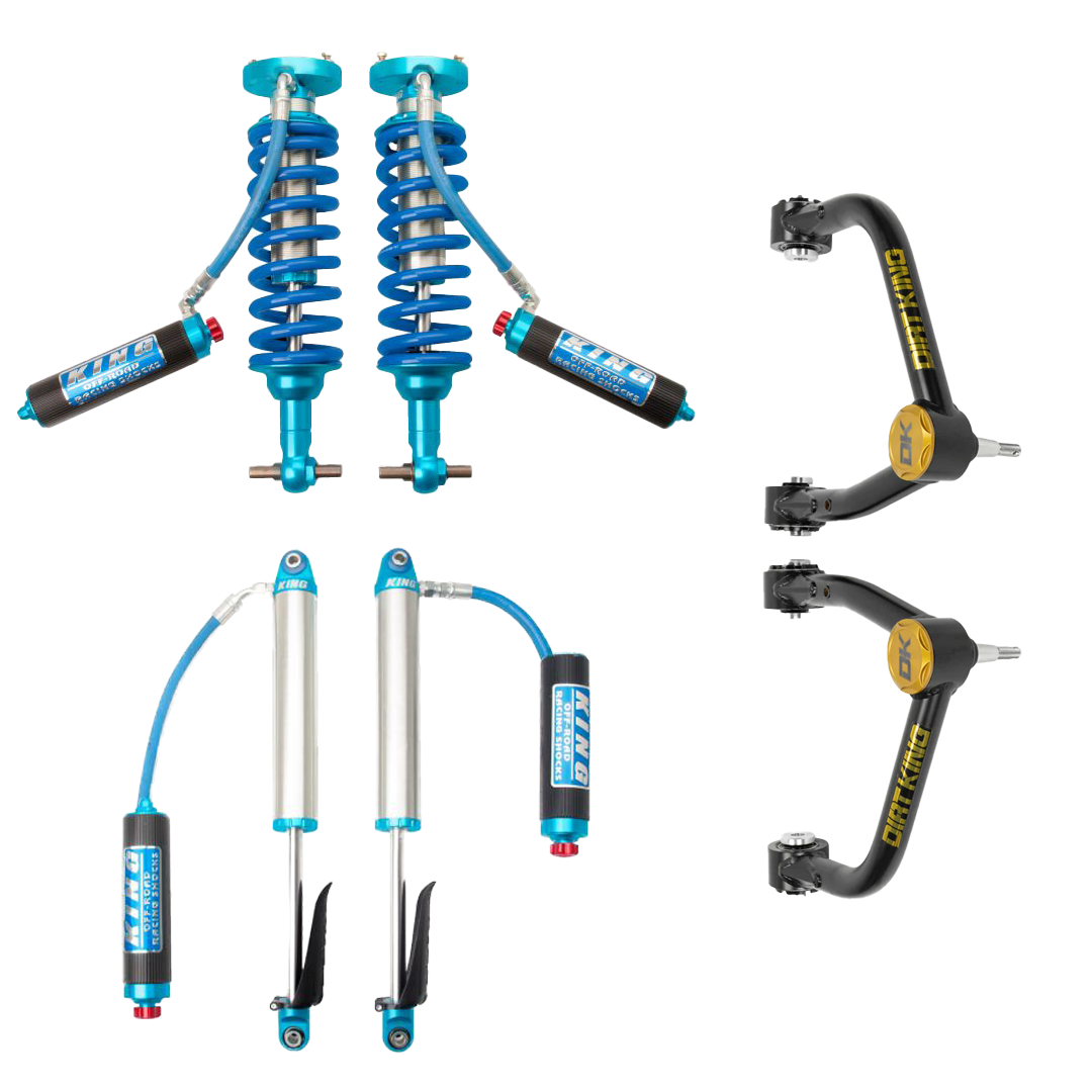 Image showcasing the 19-24 GM 1500 Dirt King Stage 1 Mid Travel Kit with King Shocks by LTW Motorsports. This kit includes two blue coilovers with springs from King Shocks, two shock absorbers equipped with blue hoses, and two black Dirt King Control Arms featuring yellow logos. An ideal solution to boost the performance of your GM 1500.