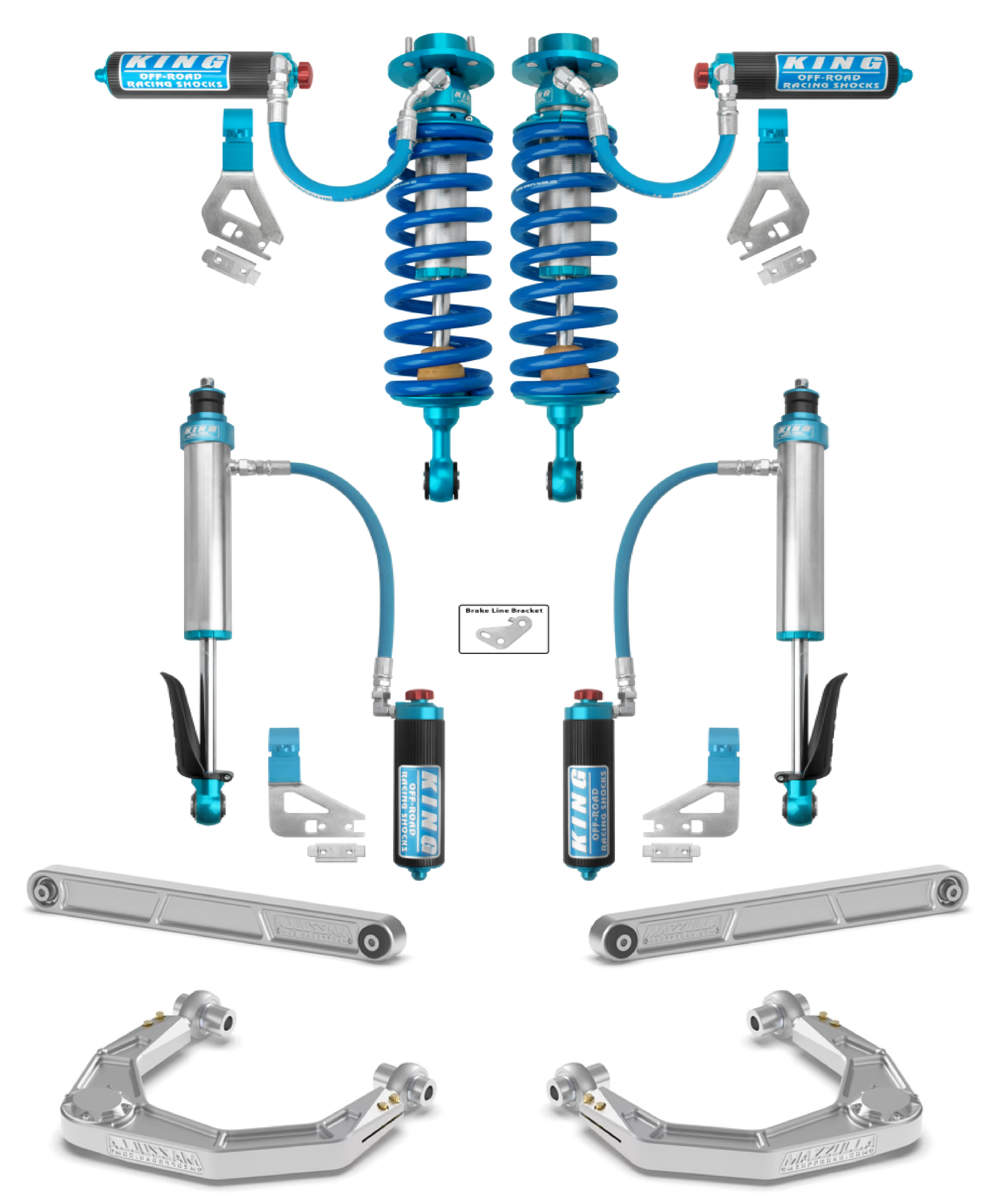 The 2022+ Toyota Tundra Mazzulla Stage 3 Mid Travel Kit with King Shocks by LTW Motorsports highlights a robust suspension system, featuring blue King Shocks coilovers and silver Mazzulla Billet control arms. These symmetrically arranged components are designed for superior rugged vehicle performance.