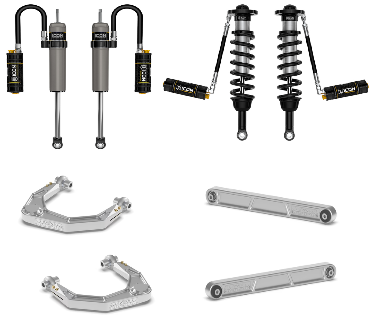 The LTW Motorsports 2022+ Toyota Tundra Mazzulla Stage 3 Mid Travel Kit with ICON Shocks includes a set of vehicle suspension components: two ICON coilover shocks with springs and reservoirs, two shock absorbers with attached reservoirs, two silver Mazzulla Billet control arms, and two silver stabilizer bars.